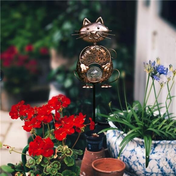 Garden Solar Lights Metal Cat Crackle Glass Globe Stake Lights, Waterproof - Picture 4 of 7